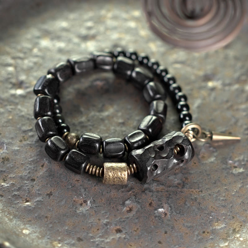 Doppelt gewickeltes Armband aus Ebenholz und schwarzem Obsidian für den Frieden