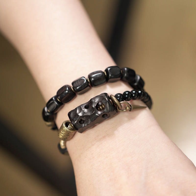Doppelt gewickeltes Armband aus Ebenholz und schwarzem Obsidian für den Frieden