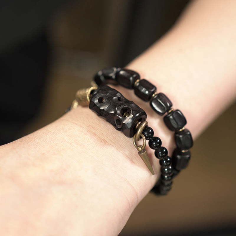 Doppelt gewickeltes Armband aus Ebenholz und schwarzem Obsidian für den Frieden