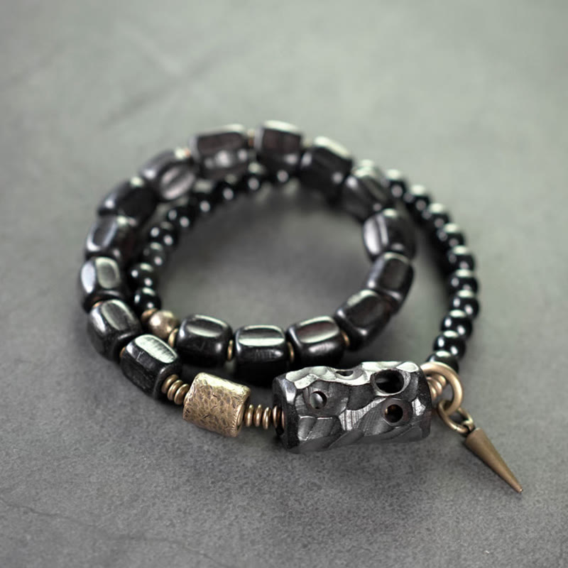 Doppelt gewickeltes Armband aus Ebenholz und schwarzem Obsidian für den Frieden