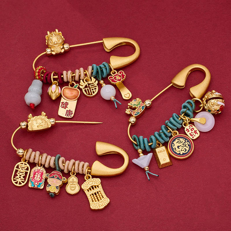 Messingbrosche mit Drachen-Fu-Charakter für Schutz und Glück