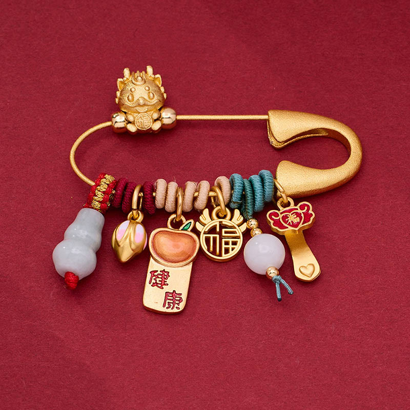 Messingbrosche mit Drachen-Fu-Charakter für Schutz und Glück