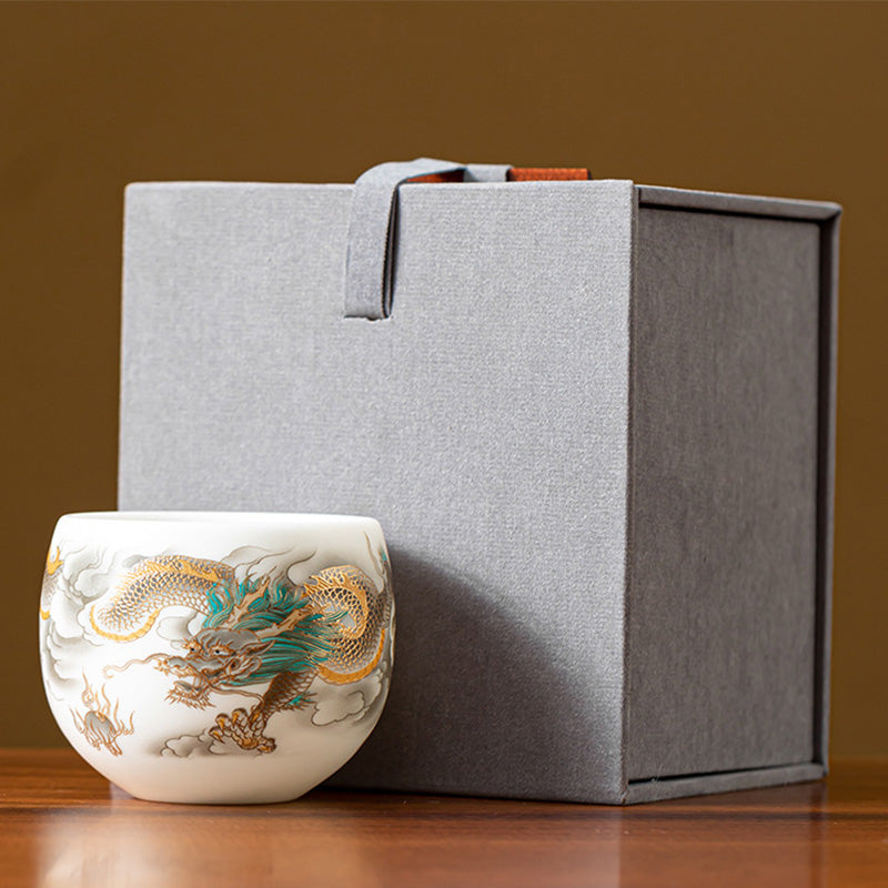 Keramik-Teetasse mit Drachen- und Phönixmotiv, 130 ml, Zen-Dekor, Geschenk