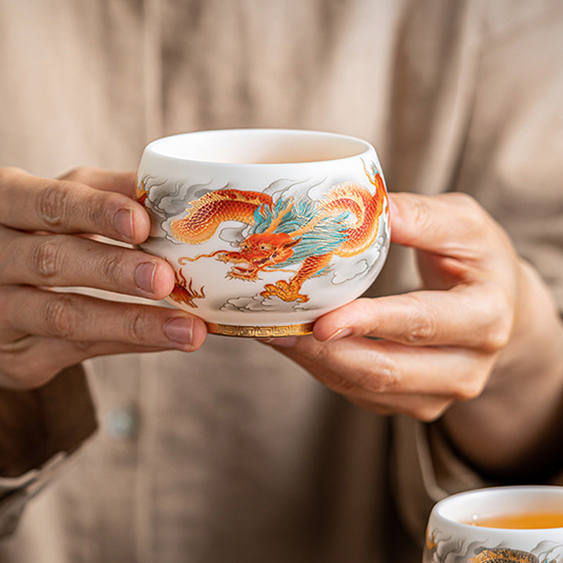 Keramik-Teetasse mit Drachen- und Phönixmotiv, 130 ml, Zen-Dekor, Geschenk