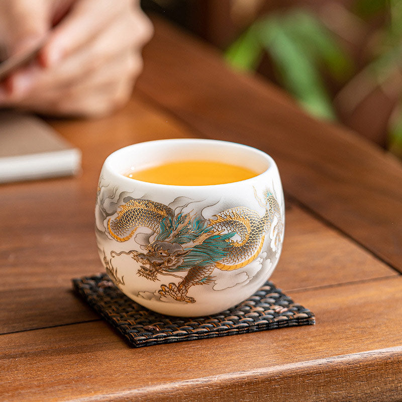 Keramik-Teetasse mit Drachen- und Phönixmotiv, 130 ml, Zen-Dekor, Geschenk