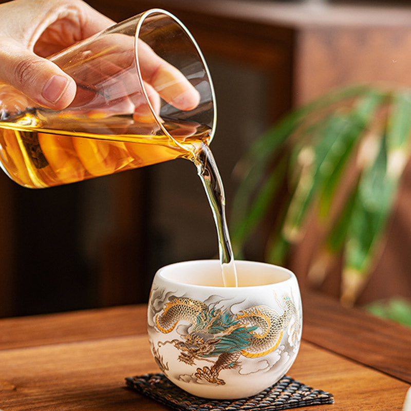 Keramik-Teetasse mit Drachen- und Phönixmotiv, 130 ml, Zen-Dekor, Geschenk