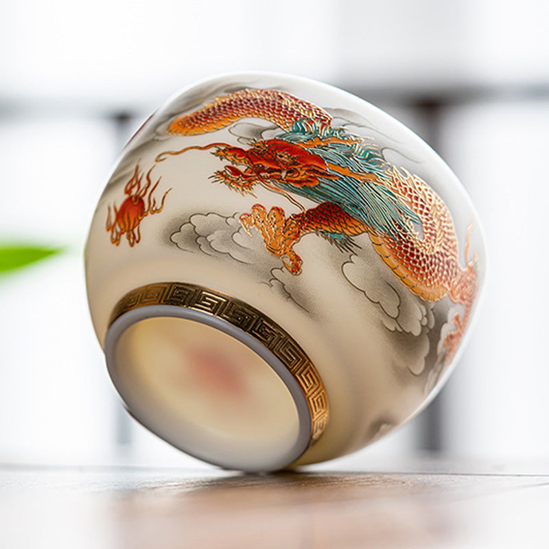 Keramik-Teetasse mit Drachen- und Phönixmotiv, 130 ml, Zen-Dekor, Geschenk