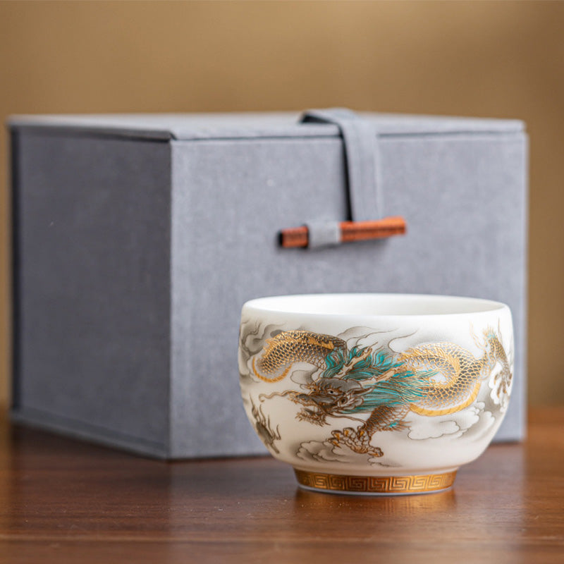 Keramik-Teetasse mit Drachen- und Phönixmotiv, 130 ml, Zen-Dekor, Geschenk