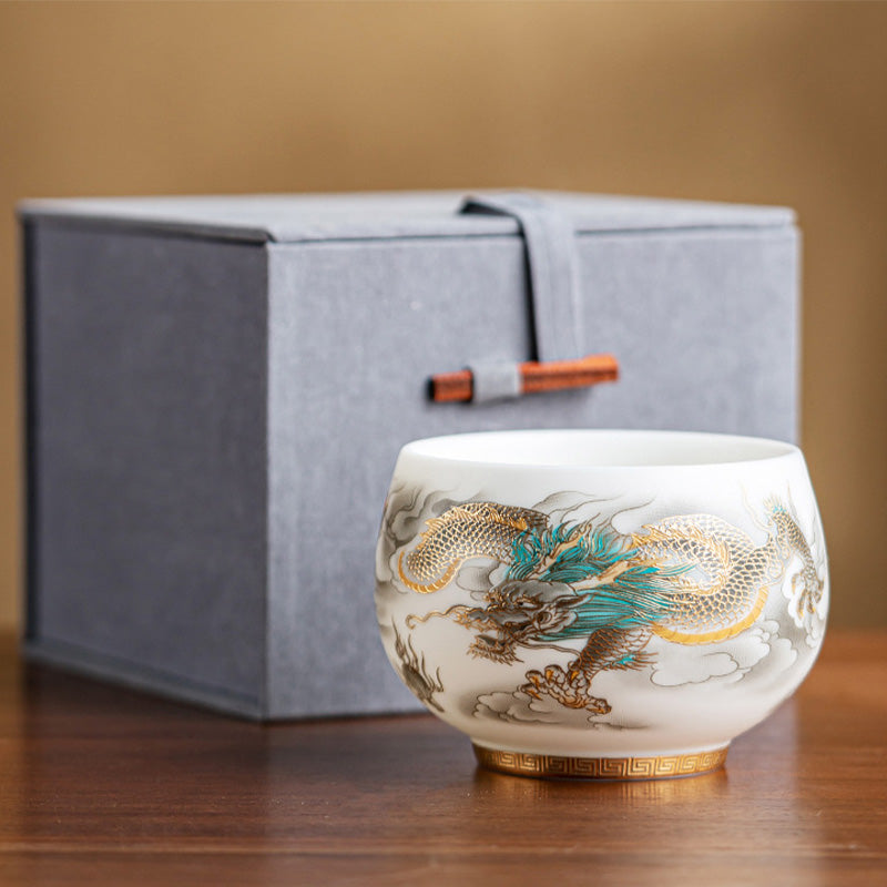 Keramik-Teetasse mit Drachen- und Phönixmotiv, 130 ml, Zen-Dekor, Geschenk