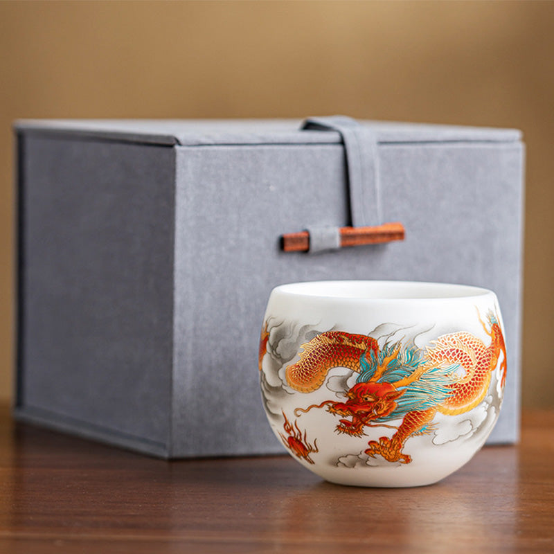 Keramik-Teetasse mit Drachen- und Phönixmotiv, 130 ml, Zen-Dekor, Geschenk
