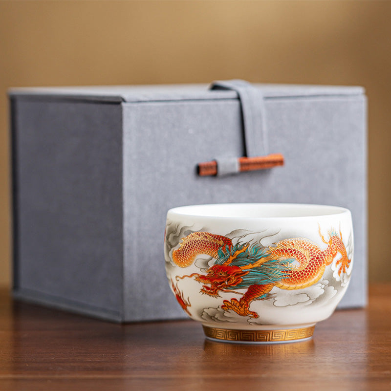 Keramik-Teetasse mit Drachen- und Phönixmotiv, 130 ml, Zen-Dekor, Geschenk