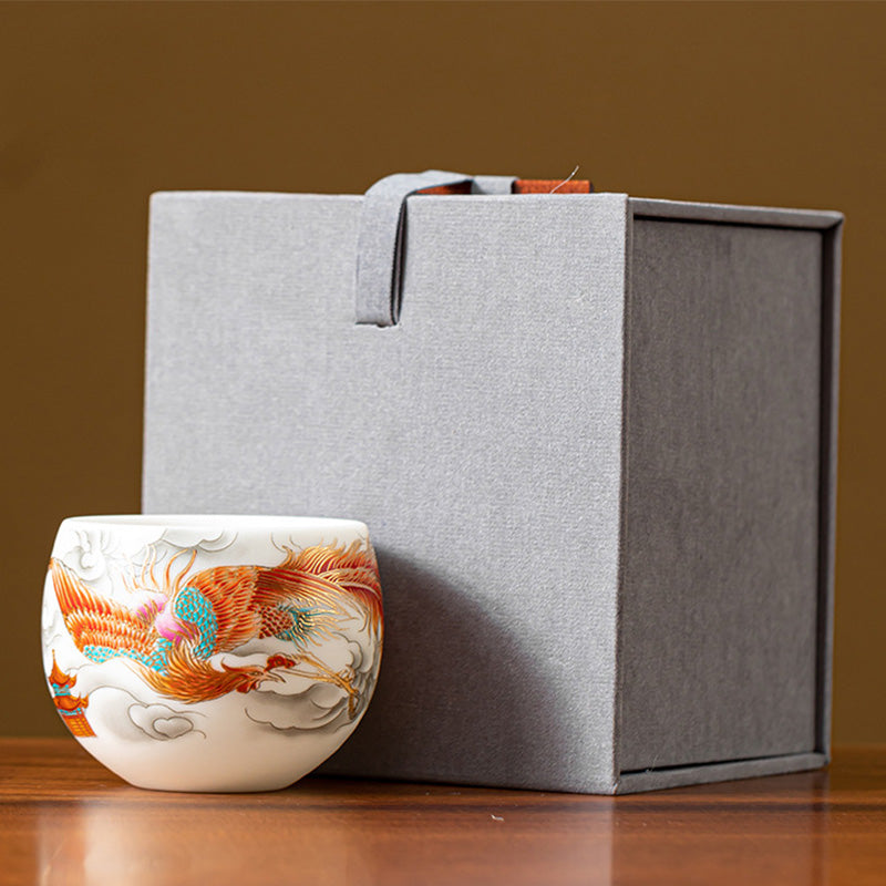 Keramik-Teetasse mit Drachen- und Phönixmotiv, 130 ml, Zen-Dekor, Geschenk