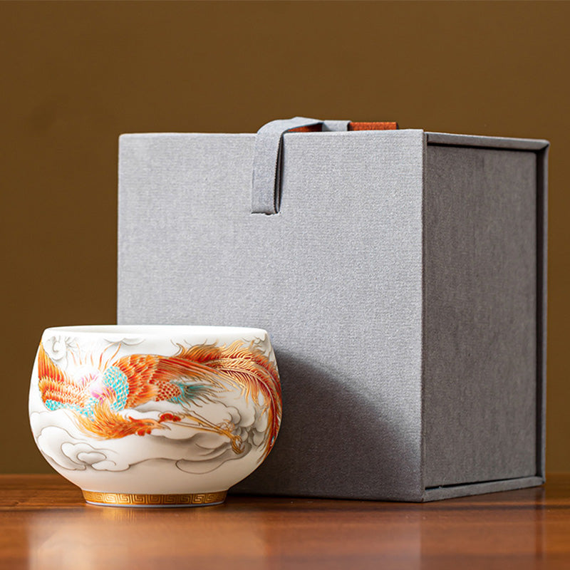 Keramik-Teetasse mit Drachen- und Phönixmotiv, 130 ml, Zen-Dekor, Geschenk