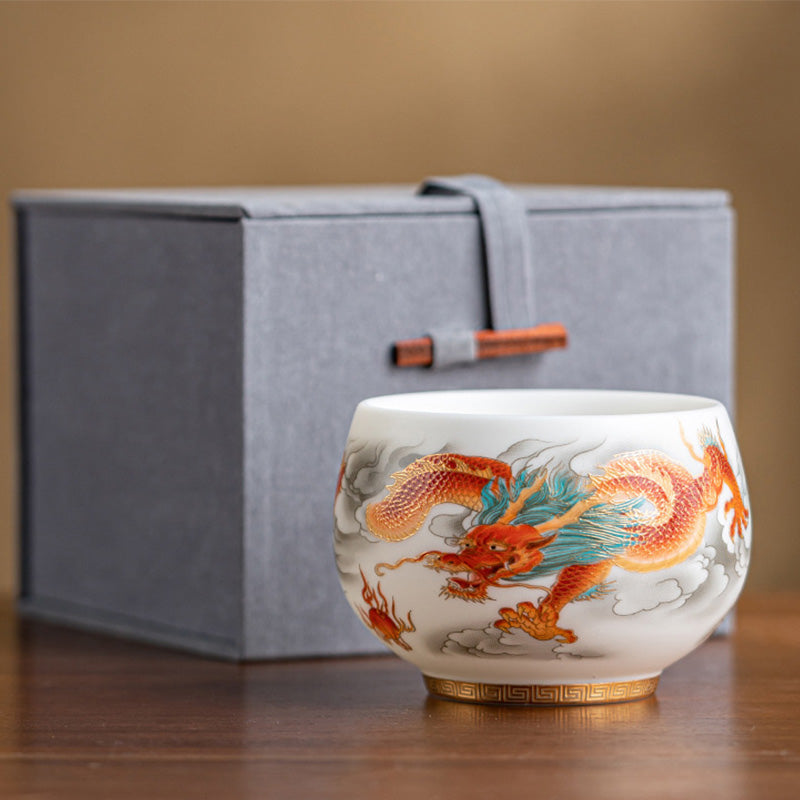 Keramik-Teetasse mit Drachen- und Phönixmotiv, 130 ml, Zen-Dekor, Geschenk