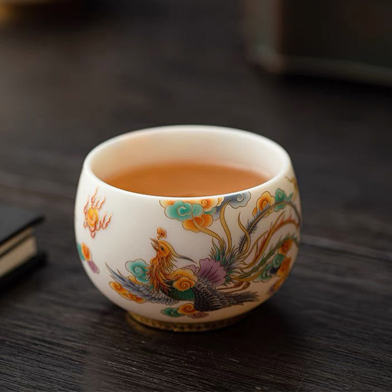Keramik-Teetasse mit Drachen-Phönix und glückverheißenden Wolken | Zen-Dekor