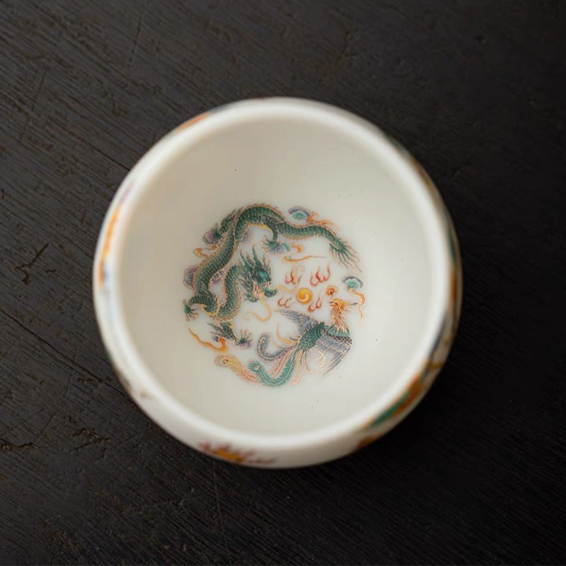 Keramik-Teetasse mit Drachen-Phönix und glückverheißenden Wolken | Zen-Dekor
