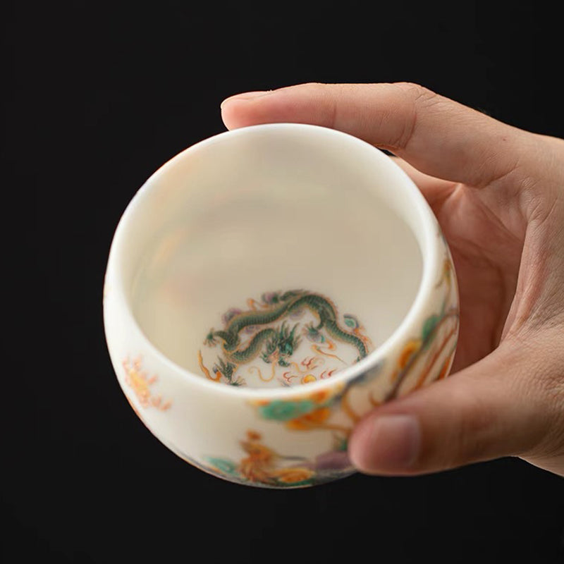 Keramik-Teetasse mit Drachen-Phönix und glückverheißenden Wolken | Zen-Dekor