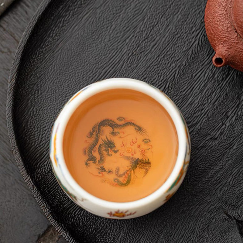 Keramik-Teetasse mit Drachen-Phönix und glückverheißenden Wolken | Zen-Dekor