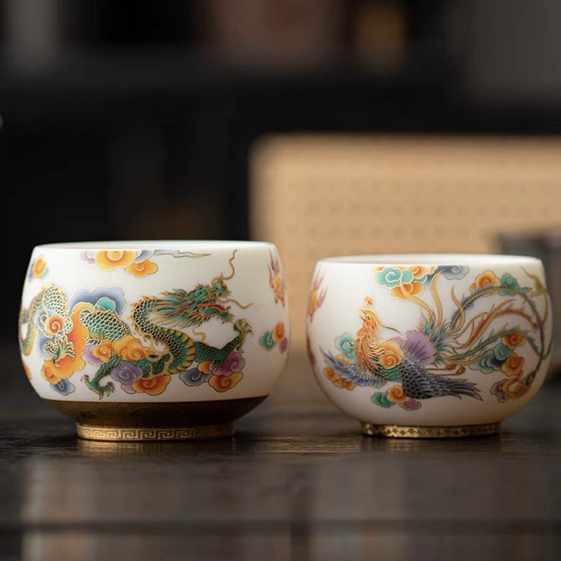 Keramik-Teetasse mit Drachen-Phönix und glückverheißenden Wolken | Zen-Dekor
