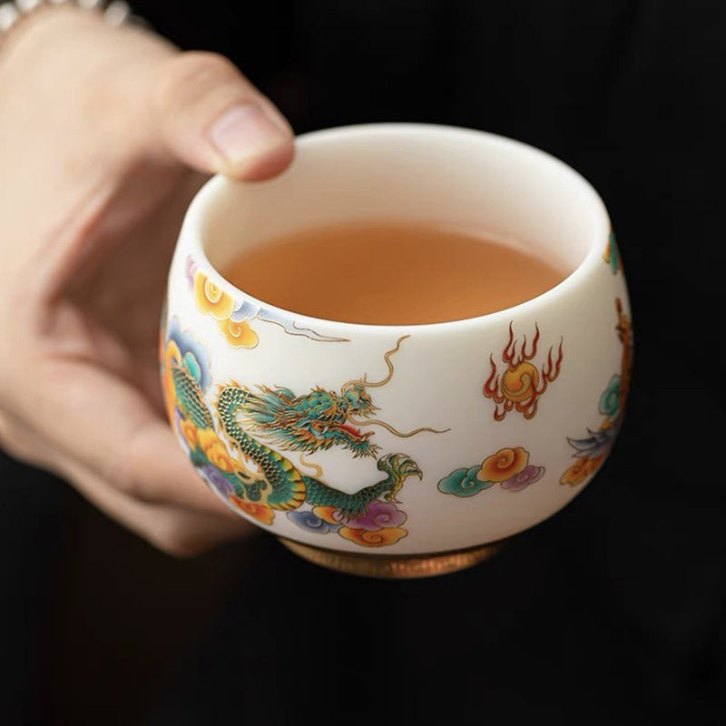 Keramik-Teetasse mit Drachen-Phönix und glückverheißenden Wolken | Zen-Dekor