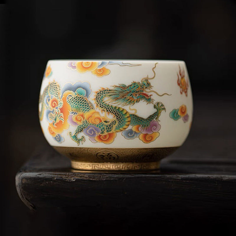 Keramik-Teetasse mit Drachen-Phönix und glückverheißenden Wolken | Zen-Dekor