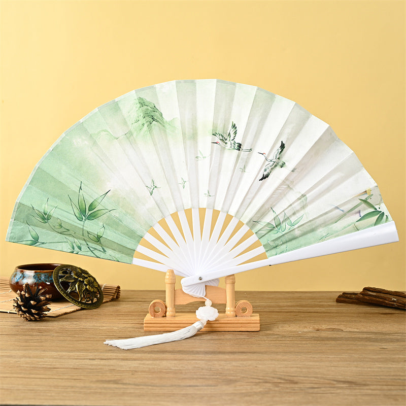 Faltfächer mit Drachen-, Phönix- und Tiger-Kranich-Motiv und Lotus-Quaste