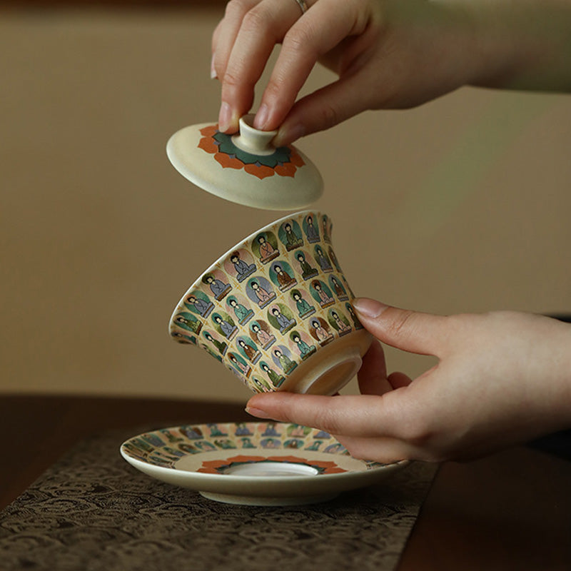 Dunhuang Keramik-Gaiwan mit Tausend Buddhas und Deckel, 150 ml