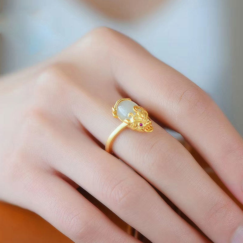Adjustable 18k Gold Pixiu Jade Ring for Wealth & Luck