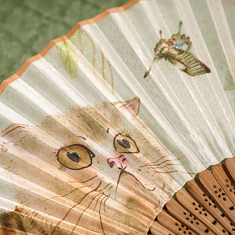 Silk Bamboo Folding Fan 21cm with Cat Butterfly Flowers Pattern
