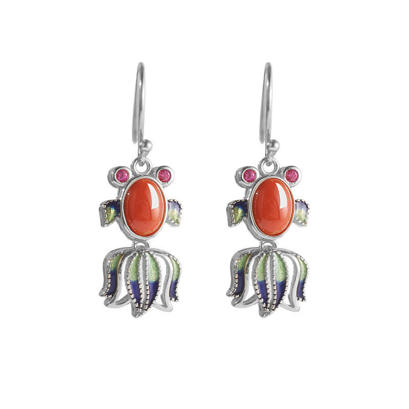 Silver Hetian White Jade Red Agate Fish Drop Earrings