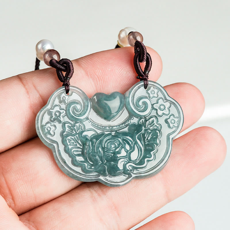 Natural Jade Peony Flower Prosperity Necklace Pendant 32.5mm