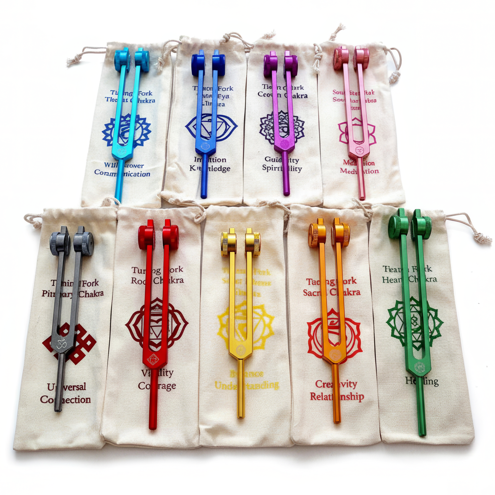 Professionell abgestimmtes Solfeggio-Gabel-9er-Set - Chakra-Engramme 