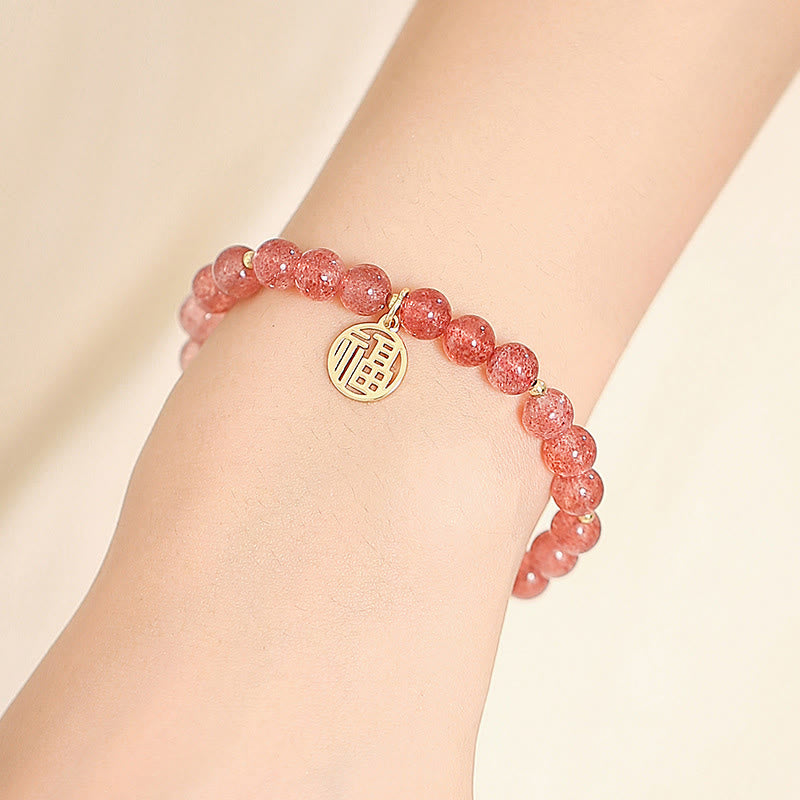 Strawberry Quartz Fu Character Healing Charm Bracelet