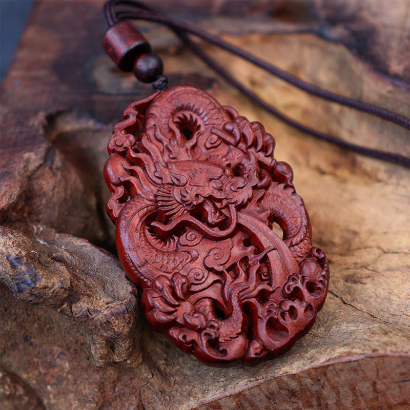 Lightning Struck Jujube Wood Double Dragon Protection Pendant