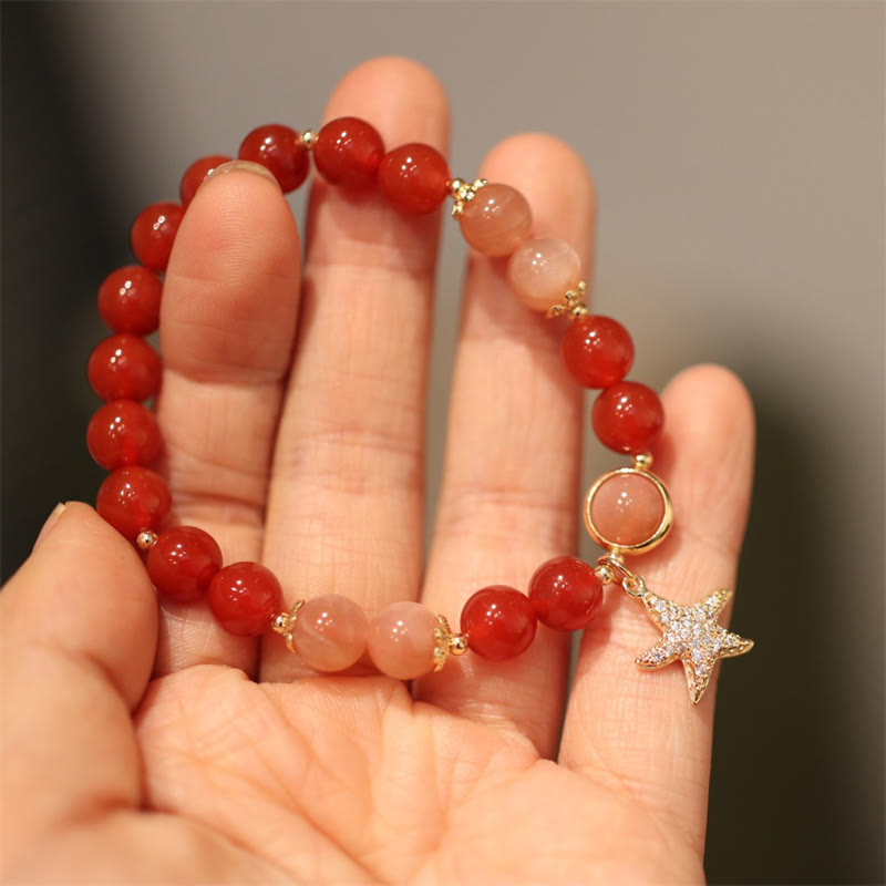 8mm Moonstone Wealth Bracelet with Sun Stone & Red Agate