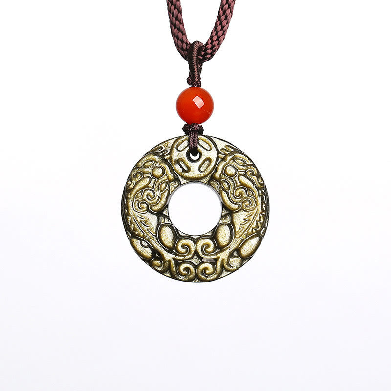 Gold Sheen Obsidian Wealth Necklace with Pixiu & Peace Buckle