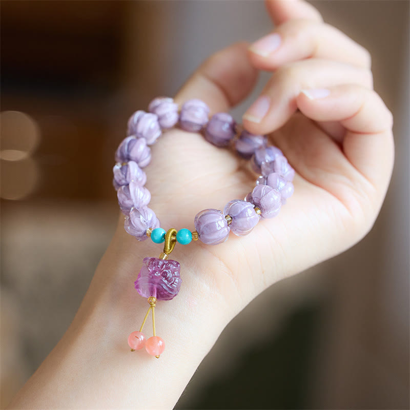 Unisex Fluorite Bracelet with Liuli Glass Beads & Dancing Lion Charm