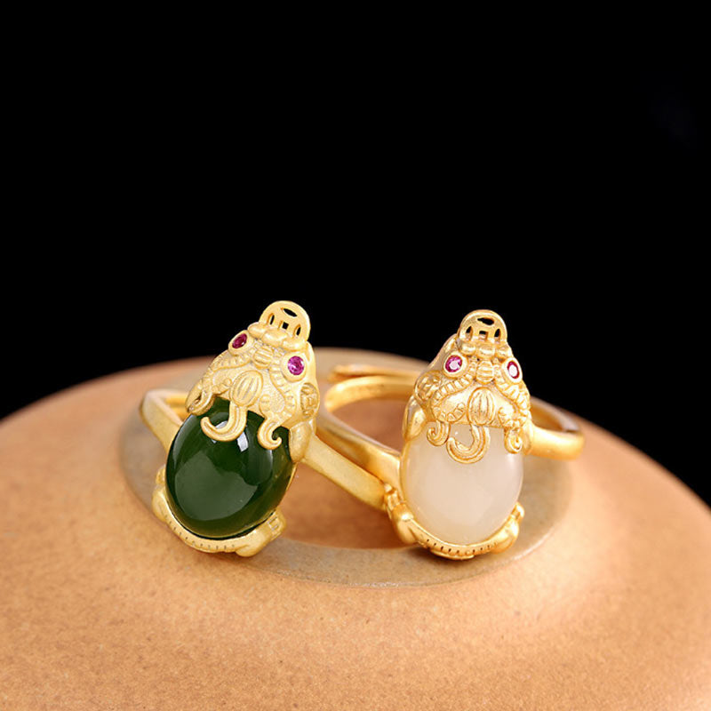 Adjustable 18k Gold Pixiu Jade Ring for Wealth & Luck