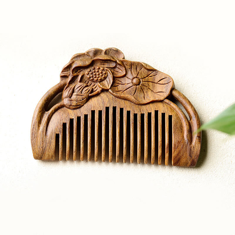 Green Sandalwood Lotus Flower Engraved Soothing Comb