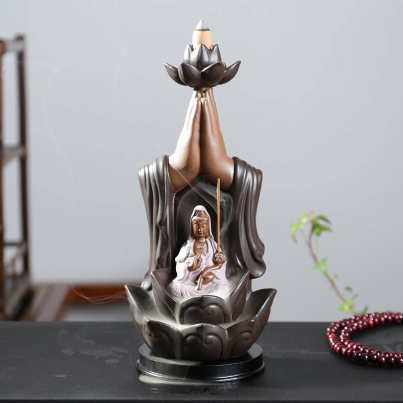 Ceramic Lotus Blessing Backflow Incense Burner with Buddha Deities