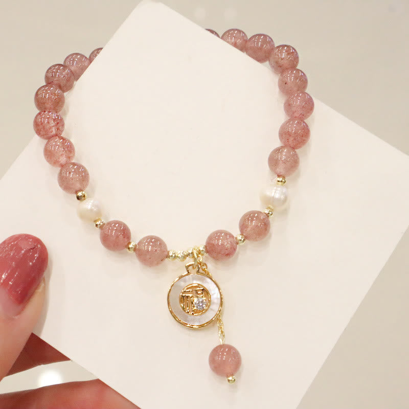 Strawberry Quartz Healing Bracelet with Fu Charm for Love & Luck