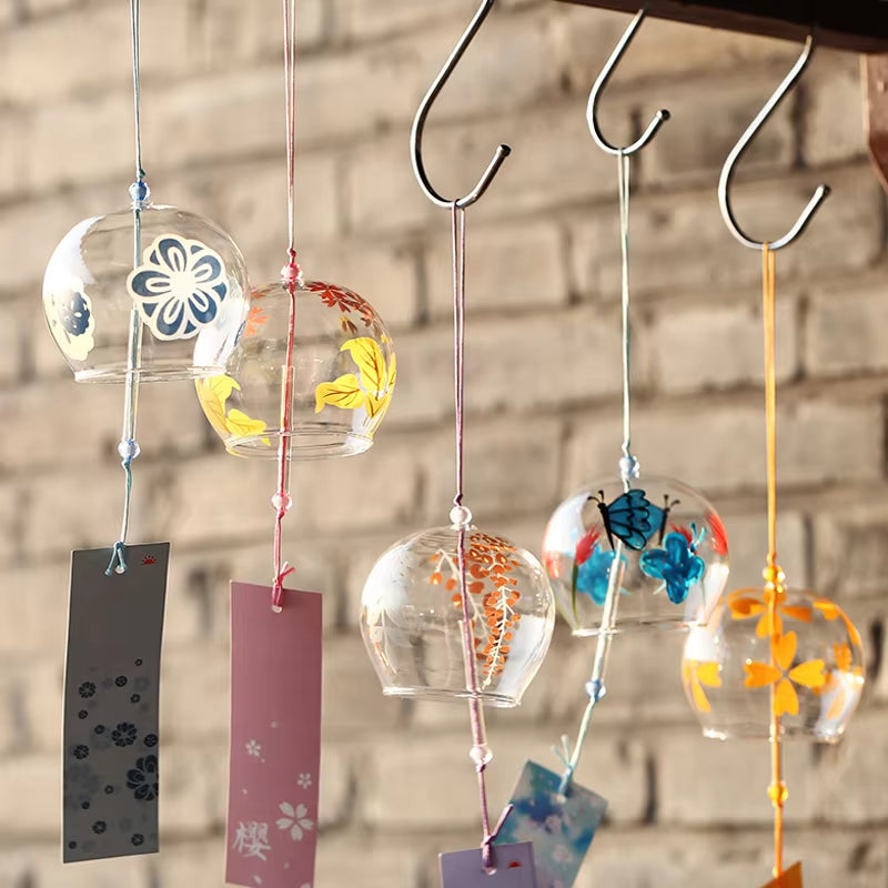 Japanese Glass Wind Chimes with Colorful Patterns and Paper Strips for Outdoor Decor