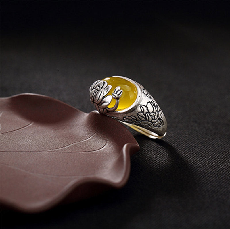 Adjustable Citrine Lotus Protection Ring for Prosperity