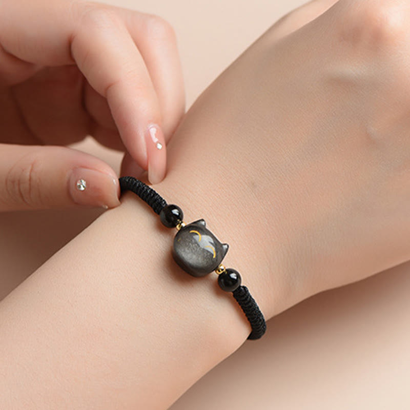 Unisex Silver Sheen Obsidian Strawberry Quartz Protection Bracelet