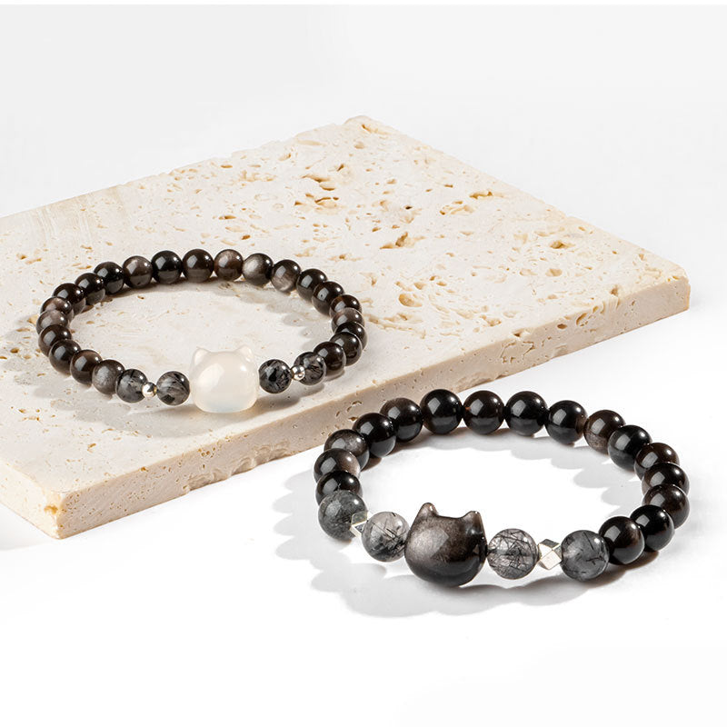 8mm Silver Sheen Obsidian Cat Head Protection Bracelet