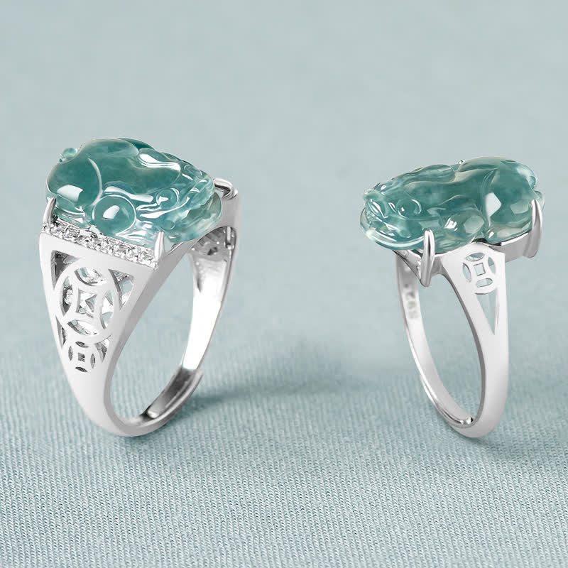 Sterling Silver Jade Pixiu Ring for Wealth & Luck