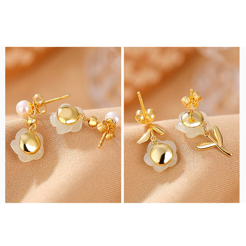 Gold Plated 925 Silver Jade Rose Flower Luck Earrings
