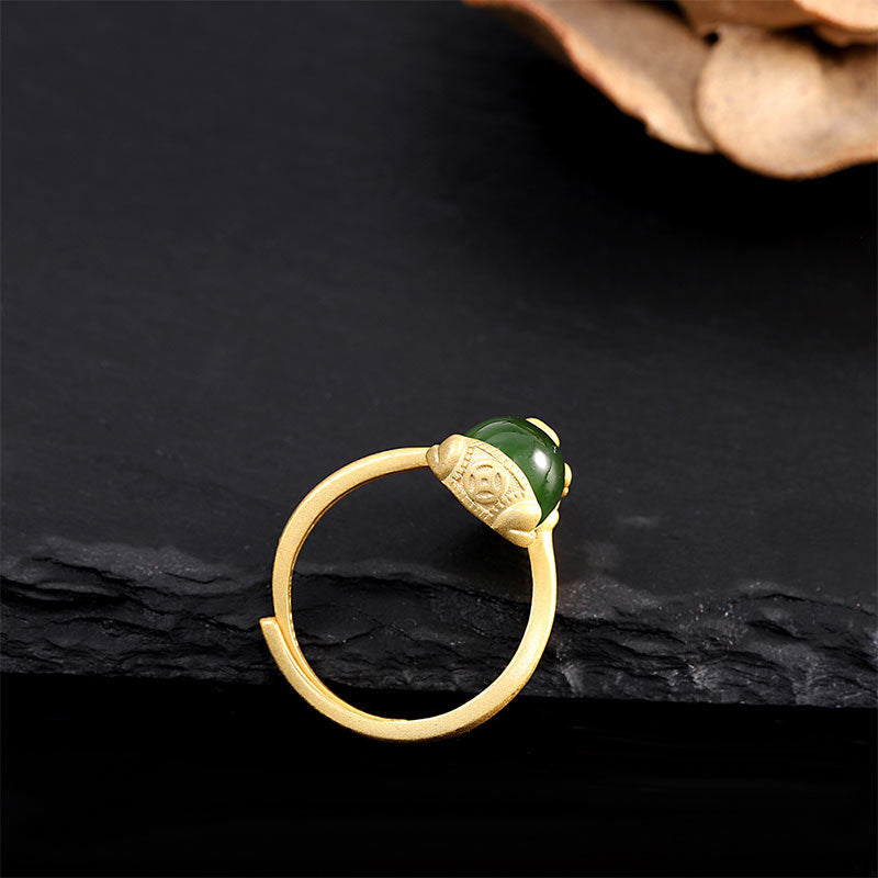 Adjustable 18k Gold Pixiu Jade Ring for Wealth & Luck