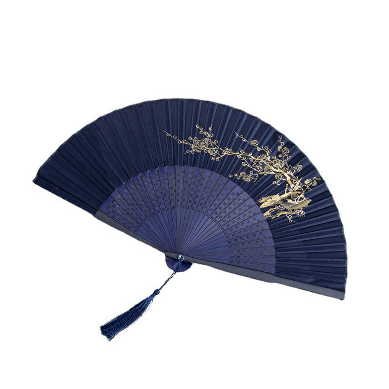 Silk Bamboo Chinese Folding Fan 22.5cm with Crane Dragonfly Motifs