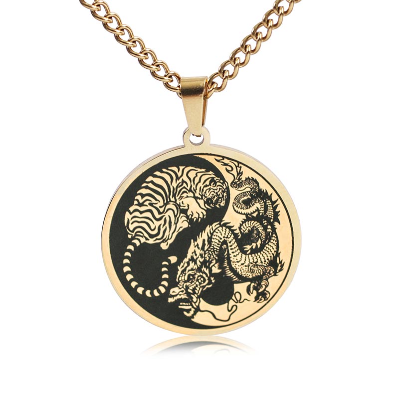 Titanium Steel Dragon Necklace with Tiger Dragon Harmony Pendant